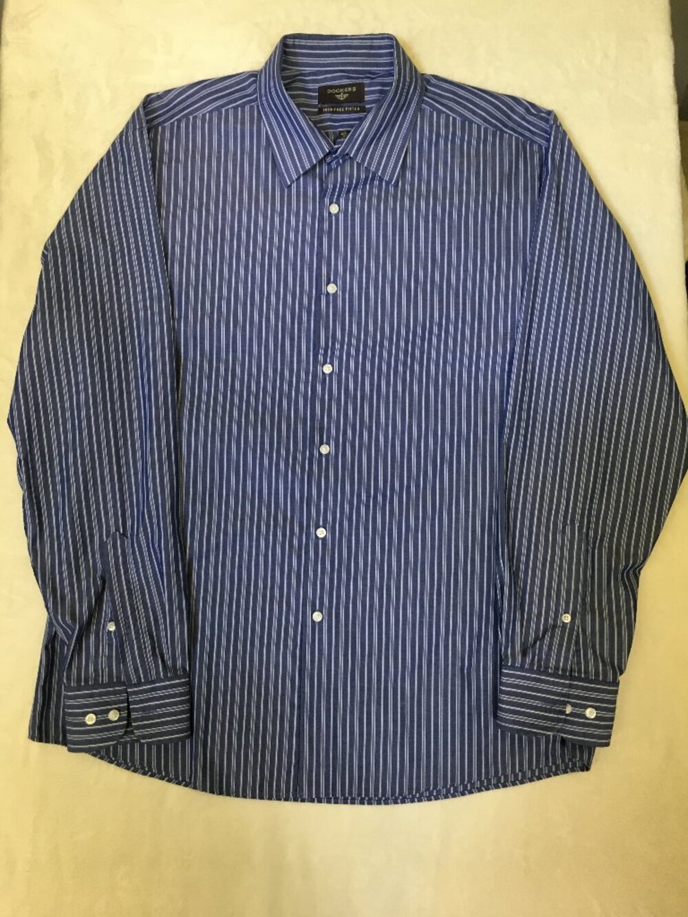 Dockers Men's Iron Free Fitted Dress Shirt Long Sleeve Blue White Stripe Size L